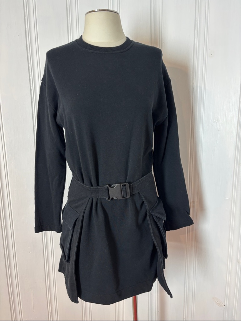ZARA Black 100% Cotton Utility Cargo Sweatshirt Dress Belted - Size S